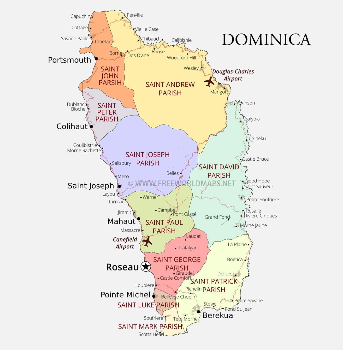 Political map of Dominica showing parishes, major towns, Douglas-Charles Airport, and key destinations